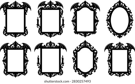 Gothic vintage frame and mirror vector silhouettes set featuring bat wings candles and baroque filigree isolated.
