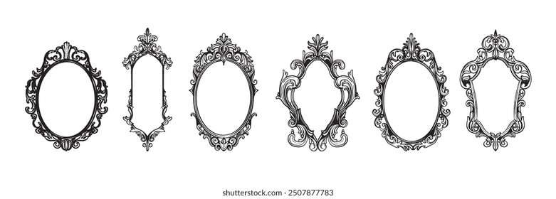 Gothic vintage frame set, vector royal baroque border, dark classic antique ornament, floral oval. Victorian elegant mirror, rococo magic ornate decoration with copy space. Wedding gothic frame kit