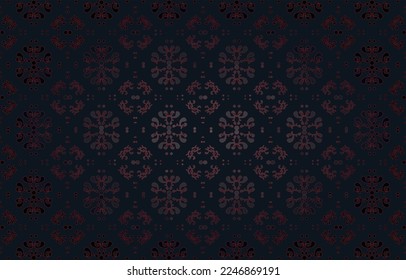 Patrón vintage gótico, adorno floral rojo en el fondo negro. Ilustración vectorial de papel pintado negro y rojo. Textura retro roja oscura como diseño de tela o fondo para postal.