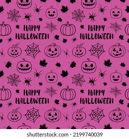 Gothic violet seamless pattern made up of many spiders, cobweb, maple leaves, pumpkins and text Happy Halloween. Endless repeating texture for printing on package, wrapper, envelope, card or cloth.