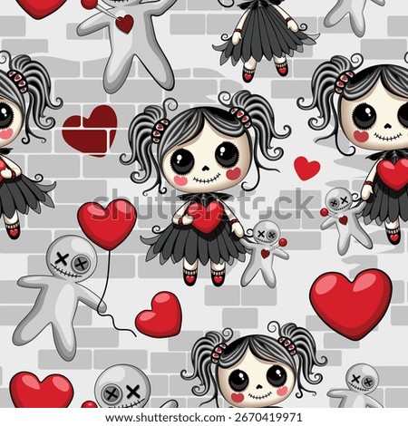 Gothic Voodoo Doll in Love Cartoon Character Halloween and Valentine's Day Vector Repeat Seamless Pattern Design Motive 
