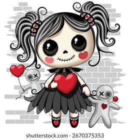 Muñeca gótica del vudú en el amor Carácter lindo de la historieta Halloween y Ilustración vectorial del día de San Valentín 

