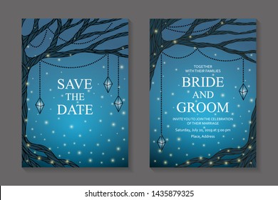 Gothic wedding invitation design or party flyers card templates or book cover with blue magic night forest and fireflies.