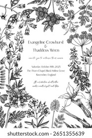 Gothic wedding invitation design. Poisonous plant sketches. Hand drawn vector illustration. Witchcraft, witch herbs apohecary frame template.  NOT AI generated