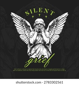 Gothic Weeping Angel Statue Illustration Distressed Woodcut Style Vector