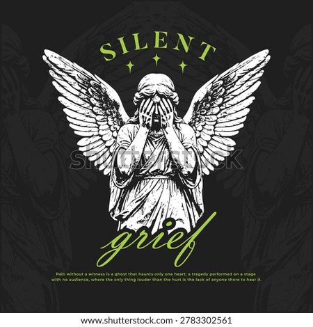Gothic Weeping Angel Statue Illustration Distressed Woodcut Style Vector