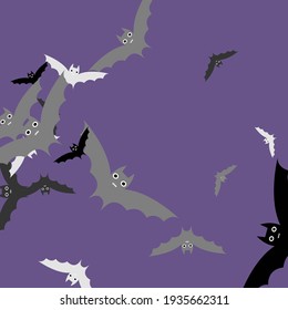Gothic White Eyes Purple Halloween Modern Design. Grey Night Spooky Attack Art Flying Bats Fabrics. Sky Retro Creepy Colorful Black Bats Vector Design Pic. Print Violet Scary Motion Background.
