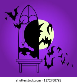 Gothic window with bats and a moon, hand drawn Halloween celebration greeting card design element symbol. Holiday vector illustration over purple.