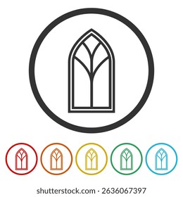 Gothic window church glass icon. Set icons in color circle buttons
