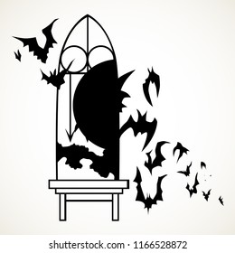 Gothic window with flying bats. Hand drawn Halloween celebration design element symbol. Vector illustration in black isolated over white.