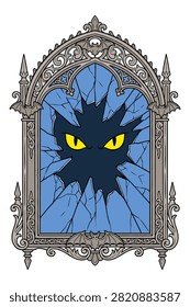Gothic window frame with bats, cracked stained glass reveals monster eyes, ominous, dark, mysterious, spooky.