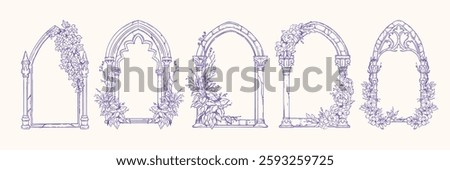 Gothic window frame, hand drawn cloister arch vector border, wedding invitation floral design set. Fantasy vintage medieval portal, celebration romantic flower branch print. Castle pillar gothic frame