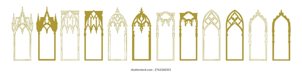 Gothic window frame set, hand drawn medieval arch border collection, cathedral portal silhouette. Fantasy vintage castle doorway, ancient palace ornamental doodle illustration. Gothic window design