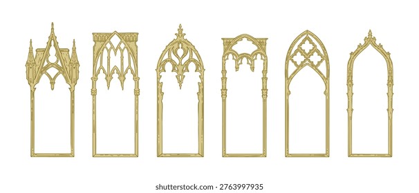 Gothic window frame set, hand drawn medieval cathedral doorway border, vintage church entrance art. Decorative castle portal, ancient architecture exterior design elements. Mystic gothic window print