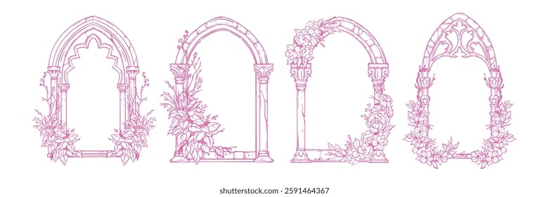 Gothic window frame set, vector hand drawn cloister arch border, wedding invitation floral design. Fantasy vintage medieval portal, celebration romantic flower branch print. Castle pillar gothic frame