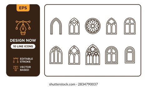 Gothic Window Icon Set: Black and White Arch, Rose, Cathedral, and Stained Glass Symbols – Perfect for Architecture, Medieval, and Church Design Concepts.

