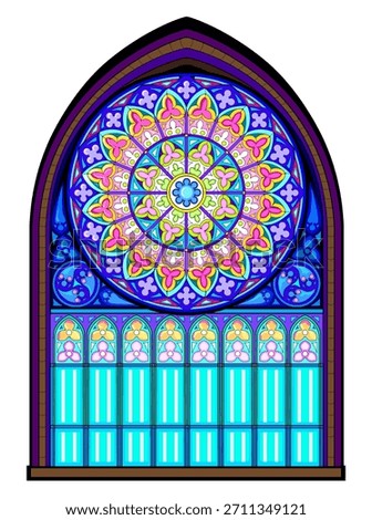 Gothic window with rose. Fantasy drawing of beautiful stained glass window from Church of Our Lady of the Carmelites in Pont-l'Abbe. Medieval French architecture. Hand drawn vector illustration.