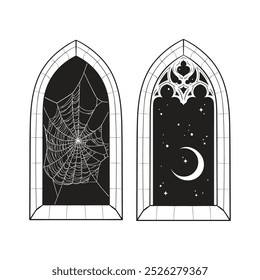 Janelas góticas com teia de aranha e céu noturno com lua crescente mão desenhada linha arte tatuagem gótico design isolado vetor ilustração