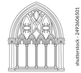 Gothic windows outline. Black linear drawing of classic architectural decorative frame isolated on white.