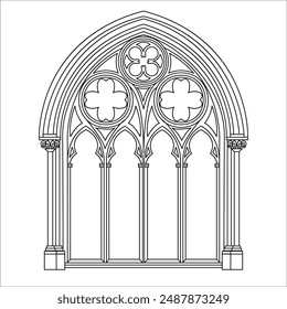 Contorno de ventanas góticas. Dibujo lineal negro de marco decorativo arquitectónico clásico aislado en blanco.