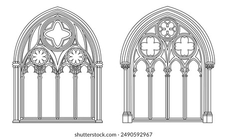 Gothic windows outline. Black linear drawing of classic architectural decorative frame isolated on white.