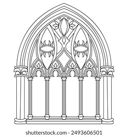 Contorno de ventanas góticas. Dibujo lineal negro de marco decorativo arquitectónico clásico aislado en blanco.