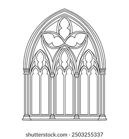 Esquema de ventanas góticas. Dibujo lineal negro de marco decorativo arquitectónico clásico aislado en blanco.