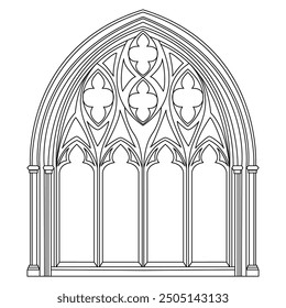 Gothic windows outline. Black linear drawing of classic architectural decorative frame isolated on white.