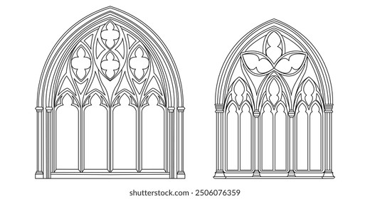 Gothic windows outline. Black linear drawing of classic architectural decorative frame isolated on white.