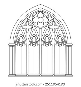 Gothic windows outline. Black linear drawing of classic architectural decorative frame isolated on white.