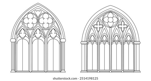 Esquema de ventanas góticas. Dibujo lineal negro de marco decorativo arquitectónico clásico aislado en blanco.