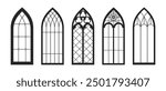 Gothic windows outline, isolated set of arched borders with mosaic. Vector classic medieval architectural design, elements for exterior and facade of churches or cathedrals, monochrome style