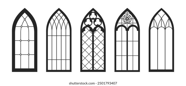 Gothic windows outline, isolated set of arched borders with mosaic. Vector classic medieval architectural design, elements for exterior and facade of churches or cathedrals, monochrome style