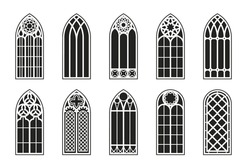Gothic Windows Outline Set. Silhouette Of Vintage Stained Glass Church Frames. Element Of Traditional European Architecture. Vector