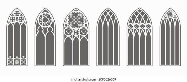 Gothic windows outline set. Silhouette of vintage stained glass church frames. Element of traditional european architecture. Vector