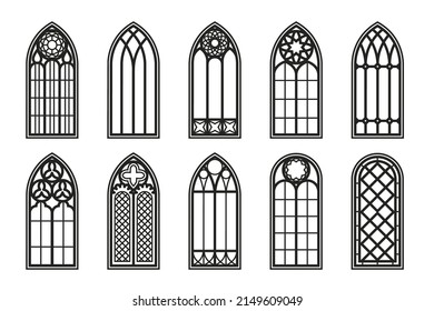 Gothic Windows Outline Set. Silhouette Of Vintage Stained Glass Church Frames. Element Of Traditional European Architecture. Vector