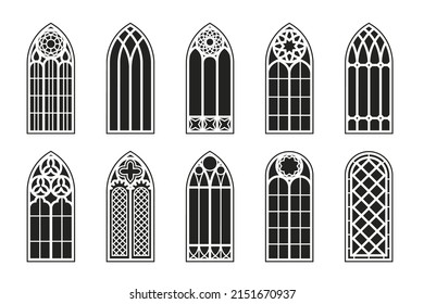 Gothic windows outline set. Silhouette of vintage stained glass church frames. Element of traditional european architecture. Vector