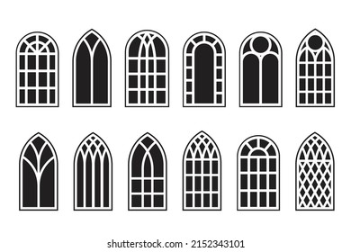 Gothic windows outline set. Silhouette of vintage stained glass church frames. Element of traditional european architecture. Vector