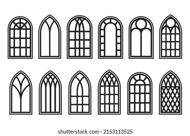 Gothic windows outline set. Silhouette of vintage stained glass church frames. Element of traditional european architecture. Vector