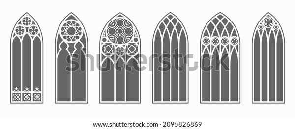 Gothic windows outline set. Silhouette of vintage\
stained glass church frames. Element of traditional european\
architecture. Vector