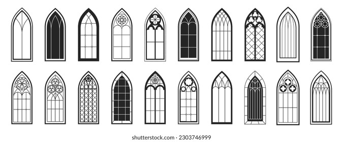 Gothic windows outline set. Vector illustration of vintage stained glass church frames, black silhouette icon. Element of traditional european architecture, cathedral windows