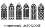 Gothic windows with pattern. Church glass arches. Vintage medieval cathedral architecture frames on white background. Catholic stained interior decoration. Silhouette of old door shapes.