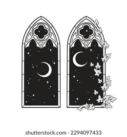 Gothic windows with poison ivy and night sky with crescent moon hand drawn line art gothic tattoo design isolated vector illustration