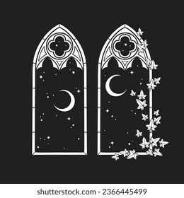 Gothic windows with poison ivy and night sky with crescent moon hand drawn line art gothic tattoo design isolated vector illustration