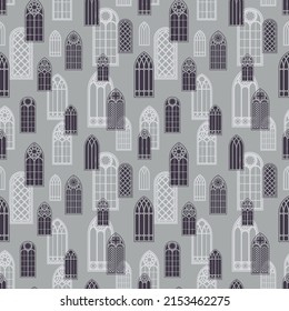 Gothic windows seamless pattern. Silhouette of vintage stained glass church frames. Vector.