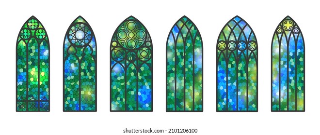 Gothic windows set. Vintage stained glass church frames. Element of traditional european architecture. Vector