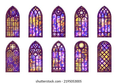 Gothic windows set. Vintage stained glass church frames. Element of traditional european architecture. Vector.