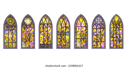 Gothic windows set. Vintage stained glass church frames. Element of traditional european architecture. Vector