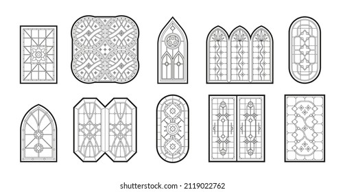 Gothic windows. Vertical geometrical big window frames with catholic mosaic decoration garish vector illustrations set