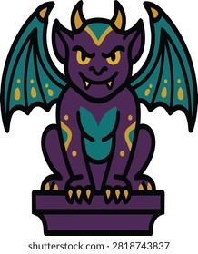 Gothic winged gargoyle statue on stone pedestal vector illustration isolated on white background